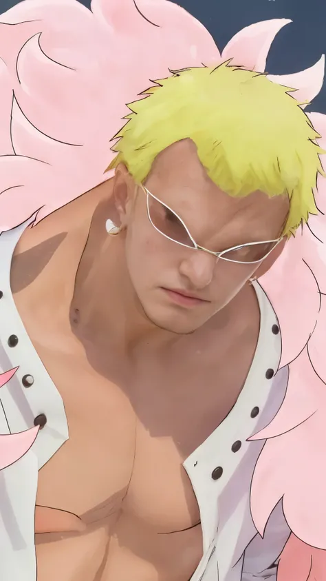 (masterpiece), (realistic), (ultra detailed), ( high reest quality), (photorealistic), (perfect face), (perfect anatomy), man, male, solo, (((25 years old))), donquixote doflaminho from one piece, donquixote doflamingo, one piece, yellow hair, short hair, ...