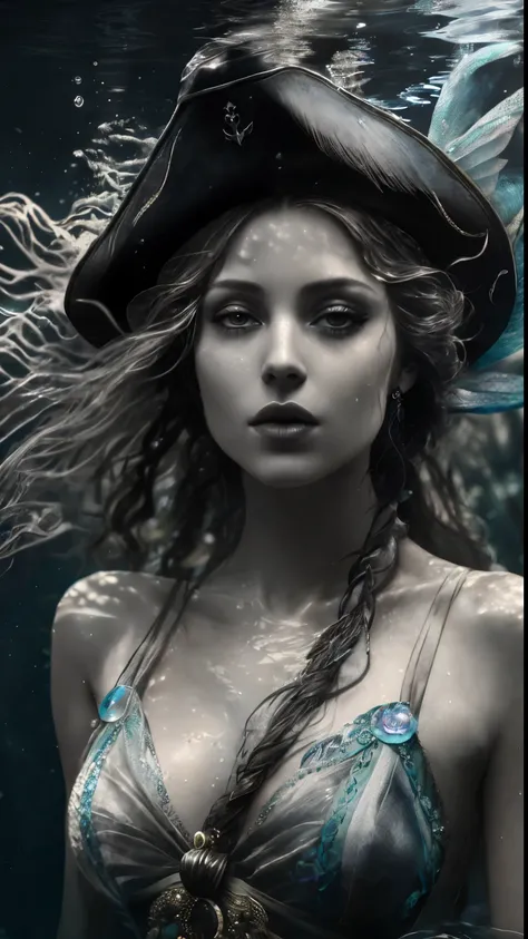 arafed woman in a pirate hat in the water, portrait of a woman underwater, closeup fantasy with water magic, close up portrait shot, karol bak uhd, in water up to her shoulders, closeup portrait shot, underwater face, portrait of mermaid, portrait sophie m...