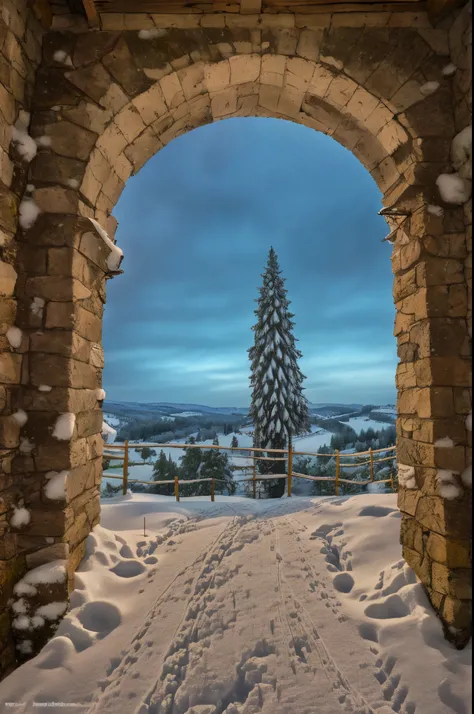 a view of the countryside seen through a stone arc, medieval ambient, (medieval era: 1.2), balanced light, (winter: 1.3), (snow:...