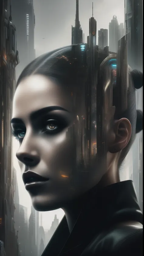 arafed image of a woman with a city in the background, symmetrical portrait scifi, futuristic woman portrait, beautiful cyberpunk girl face, 4k symmetrical portrait, 4 k symmetrical portrait, cyborg - girl, portrait of a cyborg, symmetry!! portrait of cybo...