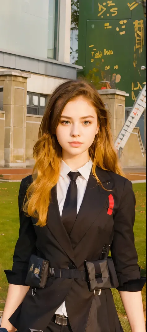 (8k, RAW Photography, top-quality, masterpiece:1.2), 1girl, 3d, voluptuous body, beautiful face, photogenic , 3D, Blazer uniform, long hair in curls, hands raised, school ground, s lips, High school student, schoolyard, school uniform, real, shinny skin、Be...