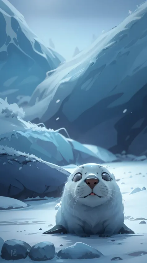 wild animals，Pixar style, seal，At rest，sleep，best quality, Lovely，stills, In Antarctica，A world of ice and snow，cinematic dramatic lighting, Cool colors，Very happy，smooth gray fur，high detail，Super details，high quality, masterpiece, precise，sharp focus, (P...