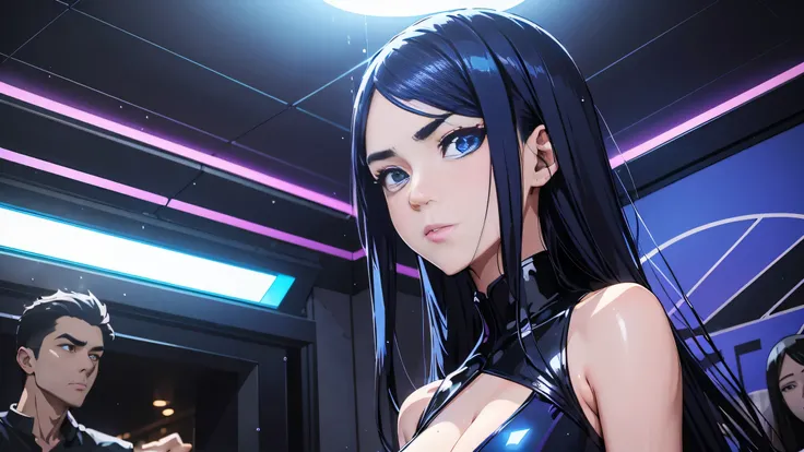 cool synthwave anime girl , dark blue hair , blue eyes , rainy time , underground dance club , whole body shot, big brest, (Perfect thick white eyebrows) Delicate fur, 详细s face, s the perfect face, At a in an underground dance club , (Drink a glass of wine...