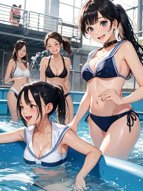 highest quality、High resolution、8K、Beautiful teenage girl、(three women)、sexy bikini、sailor school swimsuit,(white sailor collar)、Wet、Whole body gets Wet、water play spot、water play slide、water play event、sexual expression、smile、ponytail、cute hairstyle、Show ...