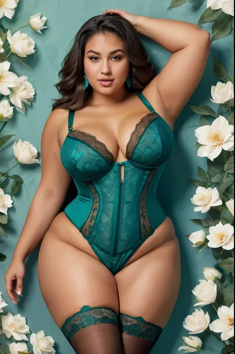 a woman in a green lingersuit and black stockings posing for a picture, alluring plus sized model, curvaceous, attractive feminine curves, curvaceous. detailed, voluptuous body, plus size woman, plus size, curvy body, curvy hourglass figure, teal, cyan cor...