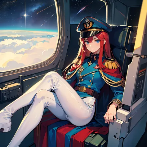 ((Masterpiece)), ((Highest Quality)), ((Best Quality)), (Illustration of One Girl), Full Body, 25 Years Old, Long Red Hair, (Thin Hair on Both Sides of the Face), Blue Eyes, (Tall)), ((Muscular Strong Body)), (Manspreading)), Open Legs, (((Military Uniform...