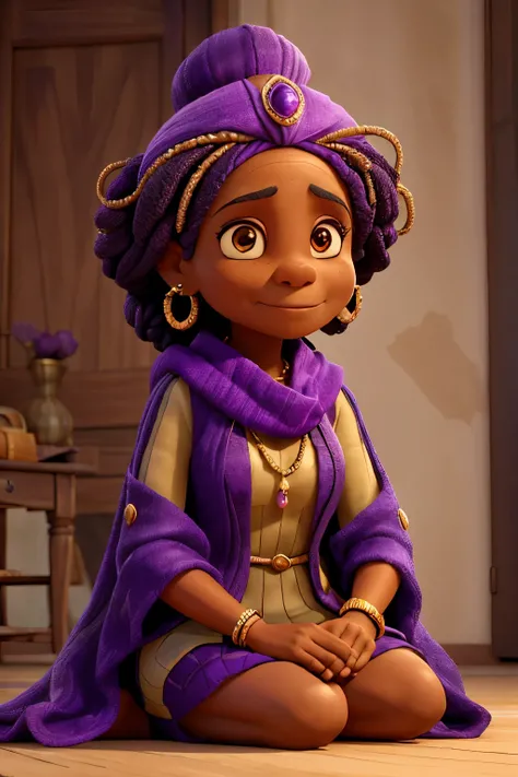 A black woman, approximately 70 years old, dressed in purple, including a purple turban, cloak and scarf, is sitting on the floor with her legs crossed. She is adorned with several layered golden necklaces of varying lengths, bracelets on both wrists, and ...