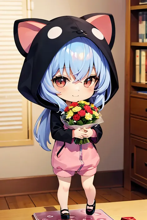 (Chibi:1.3), happy, (holding a bouquet), full body, (Kigurumi), indoors, on the table, (Nendoroid:1.1),