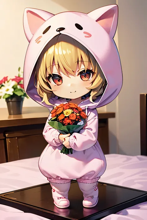 (Chibi:1.3), happy, (holding a bouquet), full body, (Kigurumi), indoors, on the table, (Nendoroid:1.1),