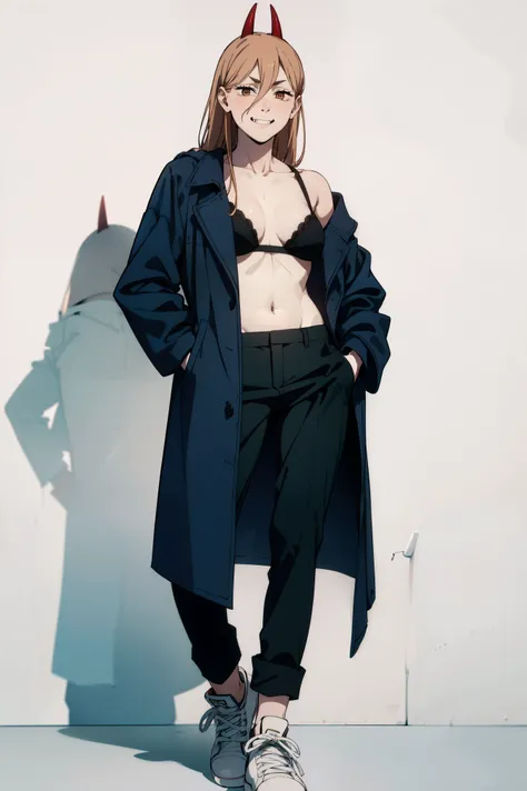 a beautiful woman posing in an office suit, no shirt only in bra ,full body, posing with law hands in her pockets, looking at the viewer, sneakers, long hair, horns, smiling, fangs, black coat and tie, shirt untucked,(( white background))