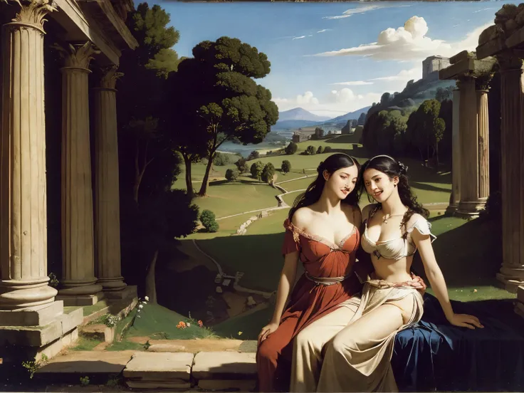 Ancient Roman ruins,landscape in the style of Poussin,A smile,,Sweet and seductive appearance.、Caravaggios paintings、Chiaroscuro of Caravaggio、Hair disheveled in the wind,Two women frolicking,Cute smile, Expression of ecstasy,A sexy,erotic