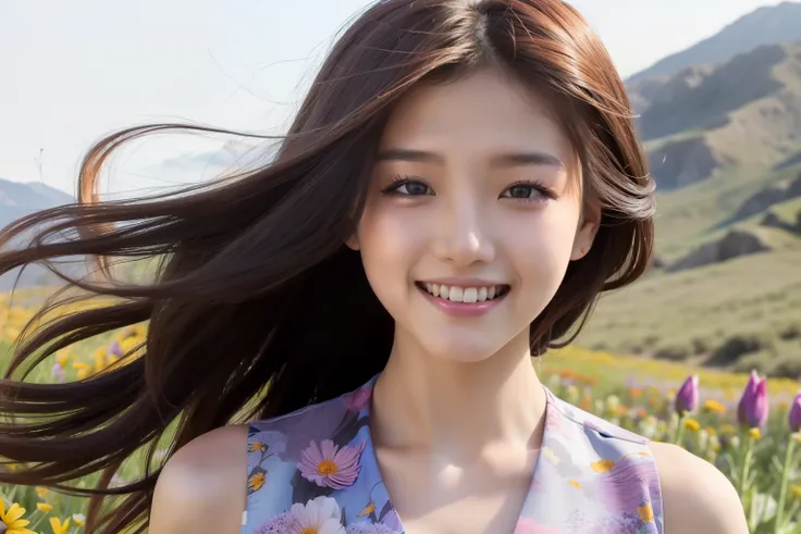 best quality, ultra high res, (photorealistic:1.2), a (smiling:1.4) 24-year-old Asian actress wearing elegant (wind blown:1.2) (dress:1.2) in a valley full with millions of (multi-color wild flowers:1.6), detailed face, (solo: 1.4), (wind blown:1.2) hair, ...