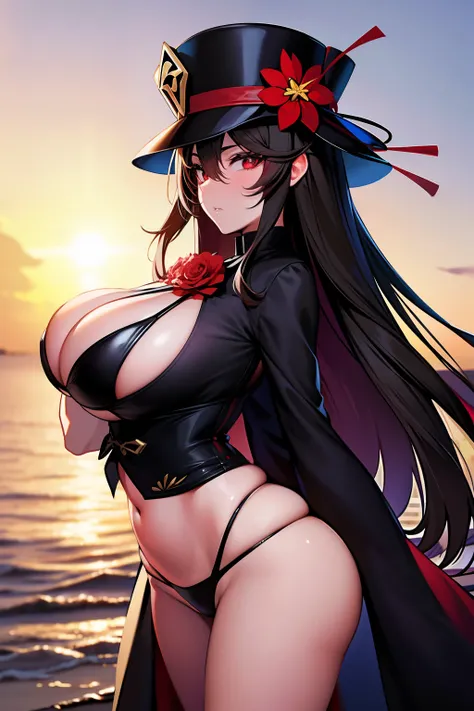 2d， tmasterpiece， best qualtiy， anime big breast， highly detailed eye， Highly detailed face， highly detailed back ground， perfect litthing， cowboy lens，  1girll， 独奏， standing on your feet， beachside，Bikini style，huge boob，hu tao（genshin impact）， pupils in ...