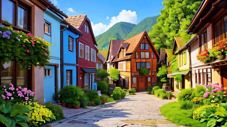 visualize a picturesque, cozy town with cobblestone streets and colorful houses.