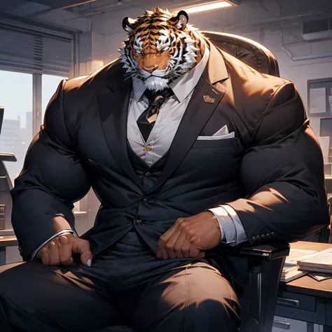 muscular tiger, bodybuilder build, wear long sleeve white collar shirt, formal attire, black trouser, sleeping on an office chai...