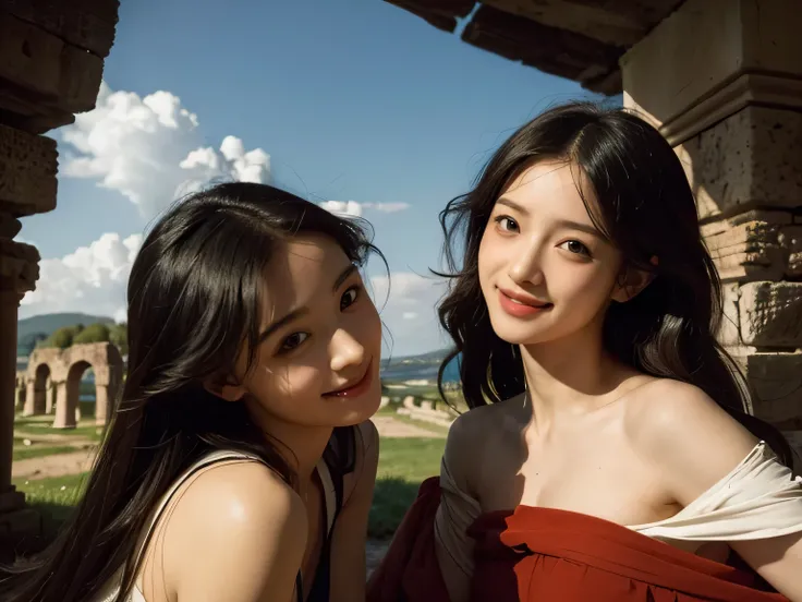 Ancient Roman ruins,landscape in the style of Poussin,A smile,,Sweet and seductive appearance.、Caravaggios paintings、Chiaroscuro of Caravaggio、Hair disheveled in the wind,Two women frolicking,Cute smile, Expression of ecstasy,A sexy,erotic