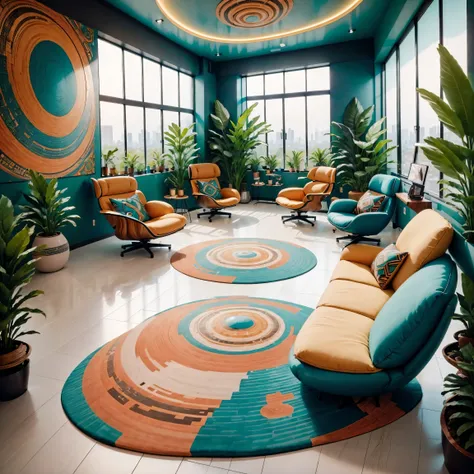 tribal style，utopian，ahfu future，postmodern，lounge style office photos，in the room，comfortable environment，modern furniture，styl...