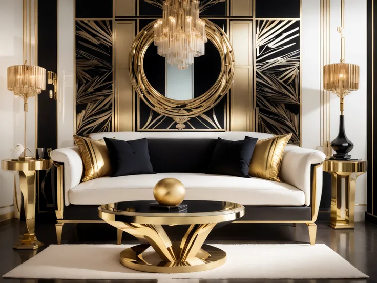 art deco,abstract geometric patterns,luxurious gold accents,sleek and streamlined designs,rich color palette,elegant and glamoro...