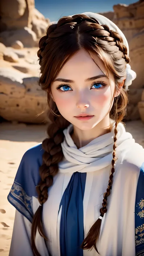 one woman、Perfect good looks、beautiful eyes、brown hair、french braid、snow-white skin、blue eyes、random facial expressions、full cover bedouin costume、Dark red tunic、desert、Dense skin and texture、Dystopia、blurred background、