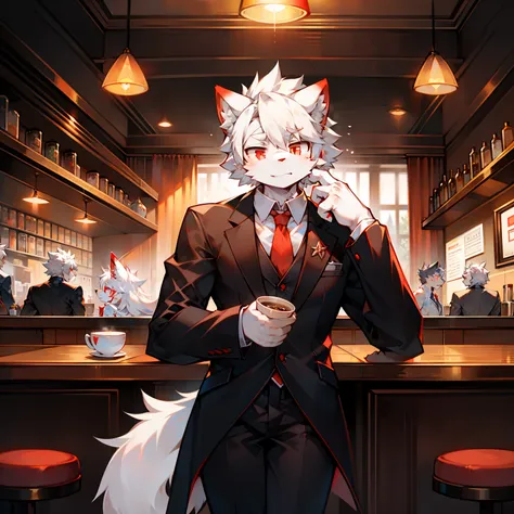 White haired male furry red eyed loner in business suit in coffee shop