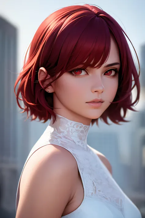 1girl, ((best quality)), ((masterpiece)), ((realistic)), (detailed), (perfect face), red hair, beauty hair, bob hairstyle, beautiful face, red eyes, white long dress, elegant poses, dynamic angle, building background, portrait