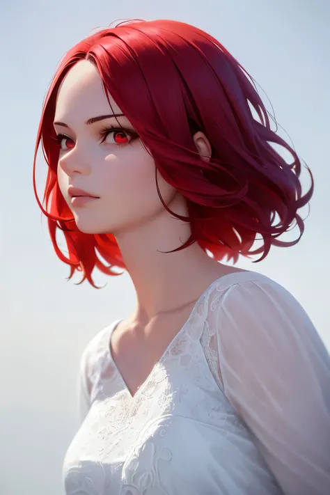 1girl, ((best quality)), ((masterpiece)), ((realistic)), (detailed), (perfect face), red hair, beauty hair, bob hairstyle, beautiful face, red eyes, white long dress, elegant poses, dynamic angle, building background, portrait