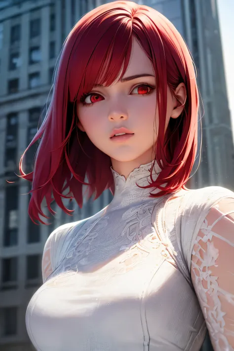 1girl, ((best quality)), ((masterpiece)), ((realistic)), (detailed), (perfect face), light red hair, beauty hair, bob hairstyle, beautiful face, red eyes, white long dress, elegant poses, dynamic angle, building background, portrait