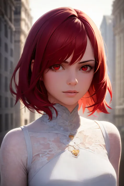 1girl, ((best quality)), ((masterpiece)), ((realistic)), (detailed), (perfect face), eyes on view, red hair, beauty hair, bob hairstyle, beautiful face, red eyes, white long dress, elegant poses, dynamic angle, building background, portrait