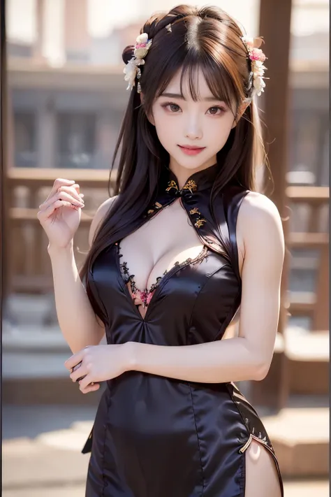 ((top quality, 8k, masterpiece: 1.3)), cowboy shooting, Very cute beauty, 1 girl, (beautiful: 1.3), (abdominal muscles, slender figure: 1.1), sharp focus, ((intricate details))), high detail, Upper body, a girl, Black twin bangs, Chinese characters, (Luxur...