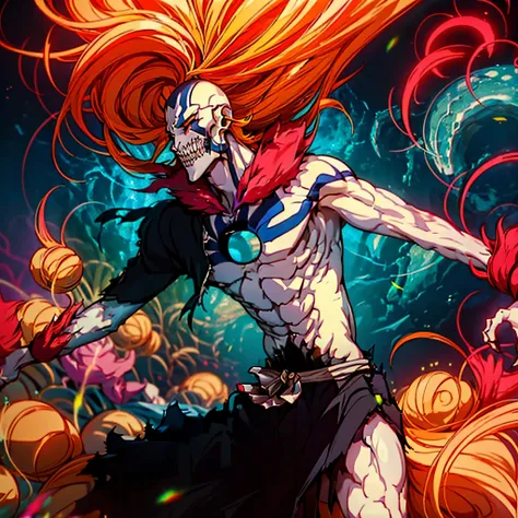 Character ((Male)) , Orange Hair Ichigo Bleach style , One (( Samurai)) , Black Eyes , (( CUTE )) , Only One Character , (( Focus on a Character )) , Digital Anime combat Pose, Powerful , Beautiful Man , Sword,multidimensional geometric wall PORTRAIT, arte...