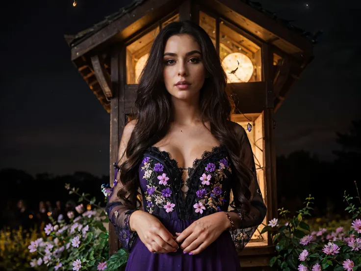 photo of beautiful 26 y.o woman, smokey eye makeup, 4k uhd, high quality, dramatic, cinematic, (long flowy (umber hair:1.2)), violet flowers, swarm, the bird seed in her hands, growing into birds, giants shelter her body, intricate ornate lean-to, the nigh...