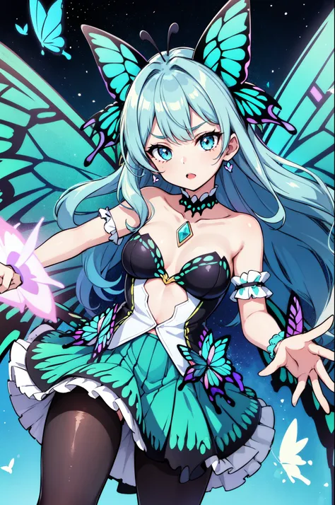 1girl, (butterfly ears:1.1), (teal hair), (wavy hair), (medium hair), (turquoise-silver eyes), (dynamic pose), (colorful idol costume), (frilly skirt), (black pantyhose), (butterfly wings:1.3), (dynamic angle), more_details:-1, more_details:0, more_details...