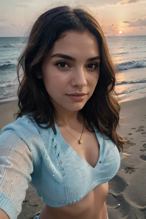 photorealistic, best quality, hyper detailed, beautiful woman, selfie photo, upper body, solo, wearing pullover, outdoors, (sunset), florida real life nature, beach, waves, (cheerful, happy), clear sky, analog style, looking at viewer, skin texture, film g...