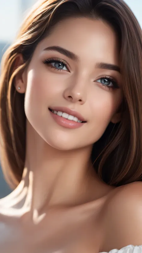 1woman, (Ultra realistic, high res), (highly detailed eyes, highly detailed hair, highly detailed face, highly detailed plump lips), (off shoulder with open breasts), breasts, upper body, caute smile, (best quality:1.4), Raw photo, (realistic, photo-realis...