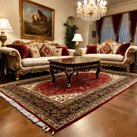 (best quality,Super detailed,actual:1.37),Persian wool rug in luxury living room,Softly glowing chandelier,Fine craftsmanship,Gorgeous patterns and intricate designs,Rich and vibrant colors,Impeccable quality materials,Impressive size and thickness,A hand-...