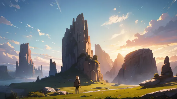 painting of a girl standing on a grassy hill with a rock formation in the background, concept world art, 2d concept art, concept art world, digital painting concept art, indie concept art, high resolution concept art, high quality digital concept art, pain...