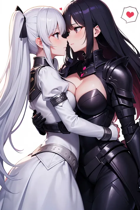 2girls, yuri, couples, (hug:1.1), armored dress, curvy, eye contact, (spoken heart:1.3), (spoken heart:1.3), (spoken heart:1.3 ), white simple background, (masterpiece, Best Quality:1.3)