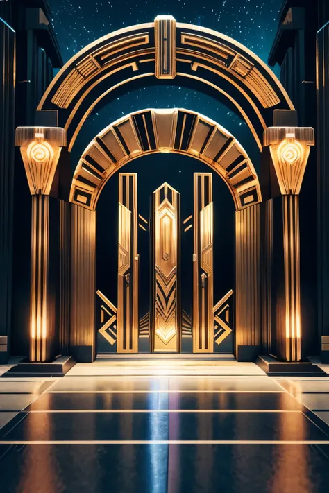 best quality, 32k, RAW photo, incredibly absurdres, extremely detailed, (art deco:1.4), teleportation gate, 3d, fantasy, delicate, flashy and dynamic depiction, image processing with mysterious effects