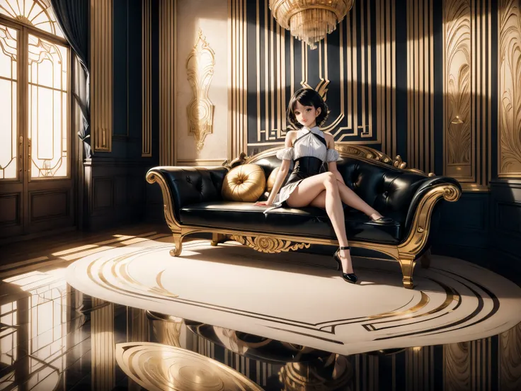 A 10yo girl sitting in an art deco room, (best quality, highres, ultra-detailed), (realistic),