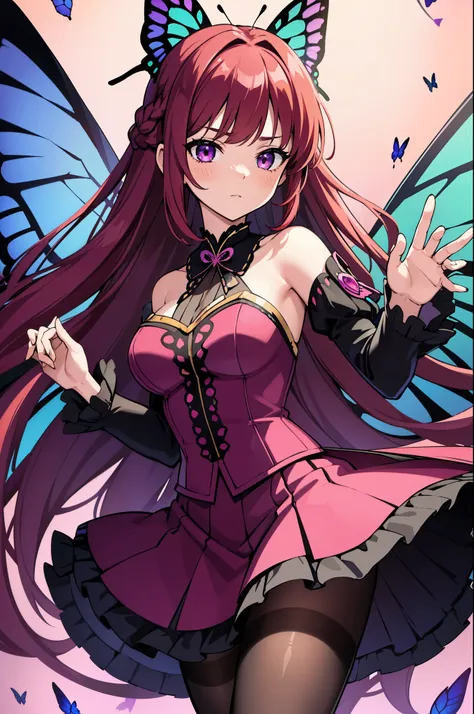 1girl, (butterfly ears:1.1), (wine red hair), (braided hair), (low braid hairstyle), (absurdly long hair), (hime bangs), (wine p...