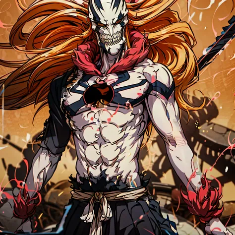 Character ((Male)) , Orange Hair Ichigo Bleach style , One (( Samurai)) , Black Eyes , (( CUTE )) , Only One Character , (( Focus on a Character )) , Digital Anime combat Pose, Powerful , Beautiful Man , large black Sword,multidimensional geometric wall PO...