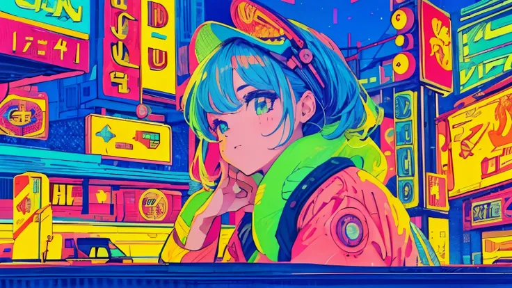 best quality, 4K wallpaper, masterpiece, extremely detailed CG unity 8k wallpaper, extremely detailed eyes, ultra-detailed, intricate details, close up 1 happy girl in center, retro art style, neon_pop art style, public, outdoors, road sign, city, people