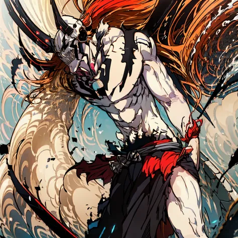 Character ((Male)) , Orange Hair Ichigo Bleach style , One (( Samurai)) , Black Eyes , (( CUTE )) , Only One Character , (( Focus on a Character )) , Digital Anime combat Pose, Powerful , Beautiful Man , large black Sword,multidimensional geometric wall PO...