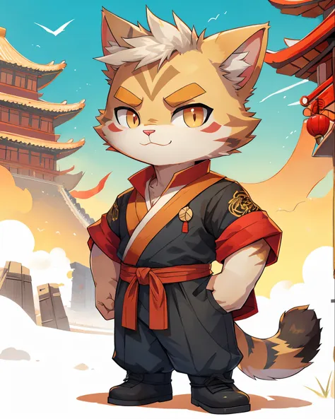 Cat dressed as Kungfu master, chibi, standing, background Great Wall of China, stunning style