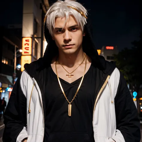 Male character, anime features, hand in pocket, hood, white hair, neon red eyes, black outfit, watch and gold necklace