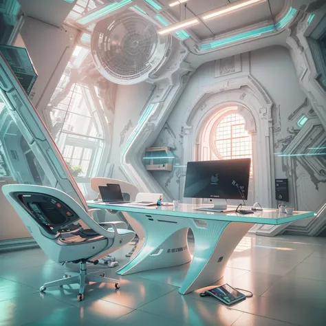 There is a table，There is a monitor，There is a chair in front, futuristic interior, futuristic room, retro futuristic apartment, futuristic room background, futuristic living room, futuristic architectural art, desktopography, sci-fi interior, Detailed fut...