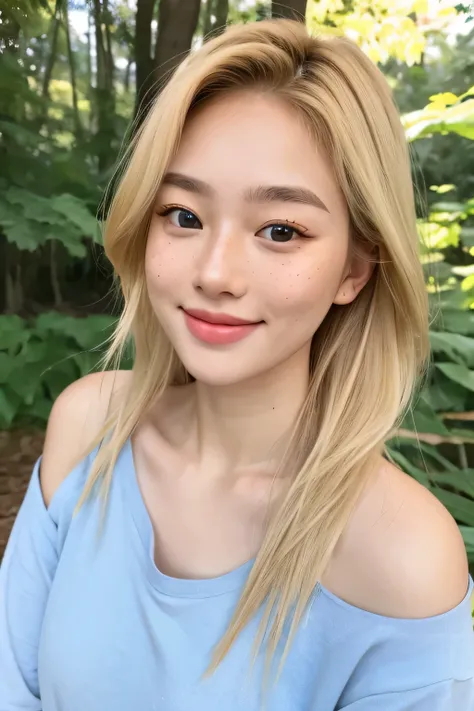 ultra realistic dark photo of 22 year old beautiful woman with blonde hair, hair roots slightly faded, Malaysian, influencer, light freckles, brown eyes, park, camping, no makeup, looking at viewer, smiling, Instagram