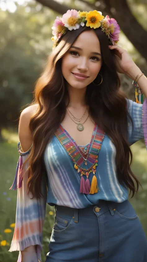 Foto hiperrealista en primer plano de Kelsey Asbille, dressed in a tie-dye maxi dress or a peasant blouse paired with bell-bottom jeans and fringe accessories. She wears a headband or flower crown in her long, flowing hair. The setting is a bohemian-inspir...