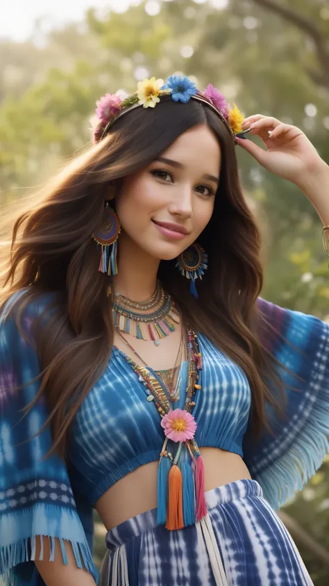 foto hiperrealista en primer plano de kelsey asbille, dressed in a tie-dye maxi dress or a peasant blue blouse paired with skirt...