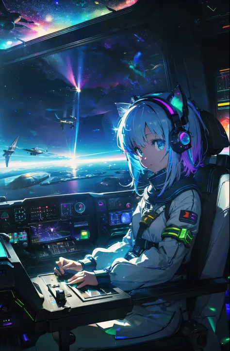 rgb multicolor luminous connected device fixed seated woman operating (familiar face), cat ears, side table, spacecraft, airspee...